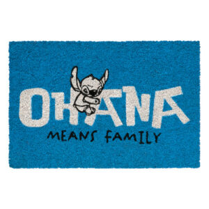 blue door mat with the words 'ohana means family', the disney character Stich climbing up the first letter A in Ohana