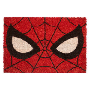 Red doormat featuring a close up of Spider-mas mask, specifically his eyes and web pattern