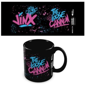 The bottom shows a black ceramic mug printed with neon text. The top displays the flat graphic file, showcasing an edgy neon graffiti design against a solid black background. One side features a dripping pink "JINX" text logo with a blue bullet and a scribbled monkey doodle, while the opposite side displays a dripping pink skull icon next to the text "THE LOOSE CANNON" sprayed in bold electric blue and pink lettering amidst blue and pink paint splatters.