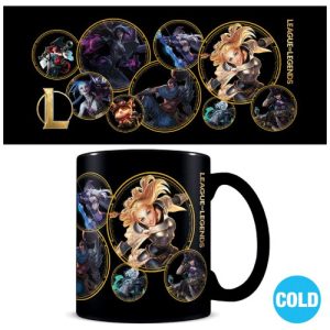 League of Legends Heat Change Mug in its cold state, marked with a blue "COLD" badge. The bottom shows a black ceramic mug with golden circular borders framing dark, stylized champion artwork, with Lux prominently displayed on the front. The top displays the flat graphic file layout, featuring various champions—including Jinx, Yasuo, Ashe, and Teemo—in dark gold-ringed portraits next to a solid gold "L" logo and vertical "LEAGUE OF LEGENDS" text.