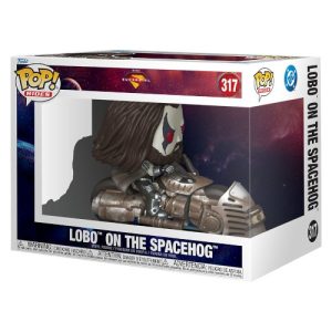 Product image of the Funko Pop! Rides Lobo on the Spacehog #317 deluxe figure inside its cardboard window box. The white box features the Funko Pop Rides and DC Comics logos, along with a deep purple and red space nebula design on the upper trim. Inside the clear plastic window, the vinyl figure shows the character Lobo with long dark hair, white skin, and red-rimmed eyes, riding a large, detailed bronze and silver cosmic motorcycle.