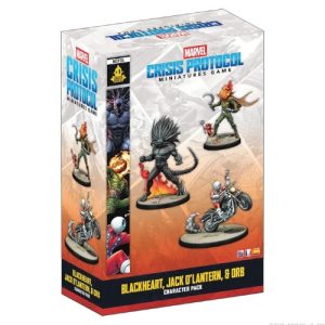 Product packaging box for the Marvel Crisis Protocol Blackheart, Jack O'Lantern, & Orb Character Pack. The rectangular box features the game's logo at the top and displays photos of three assembled and painted miniature models: the large demonic villain Blackheart standing over fire, Jack O'Lantern with a flaming pumpkin head holding a scythe, a tiny demonic imp, and Orb riding a motorcycle while popping a wheelie. A vertical strip on the left side showcases stylized comic book comic art panels of each character.